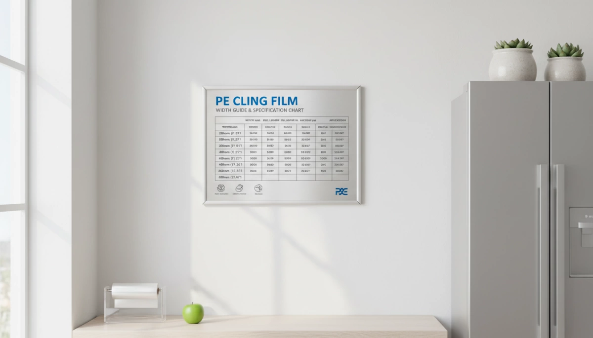 Gráfico de especificaciones de ancho de película retráctil PE y guía de tallas Guía de ancho y especificaciones de film plástico adherente PE