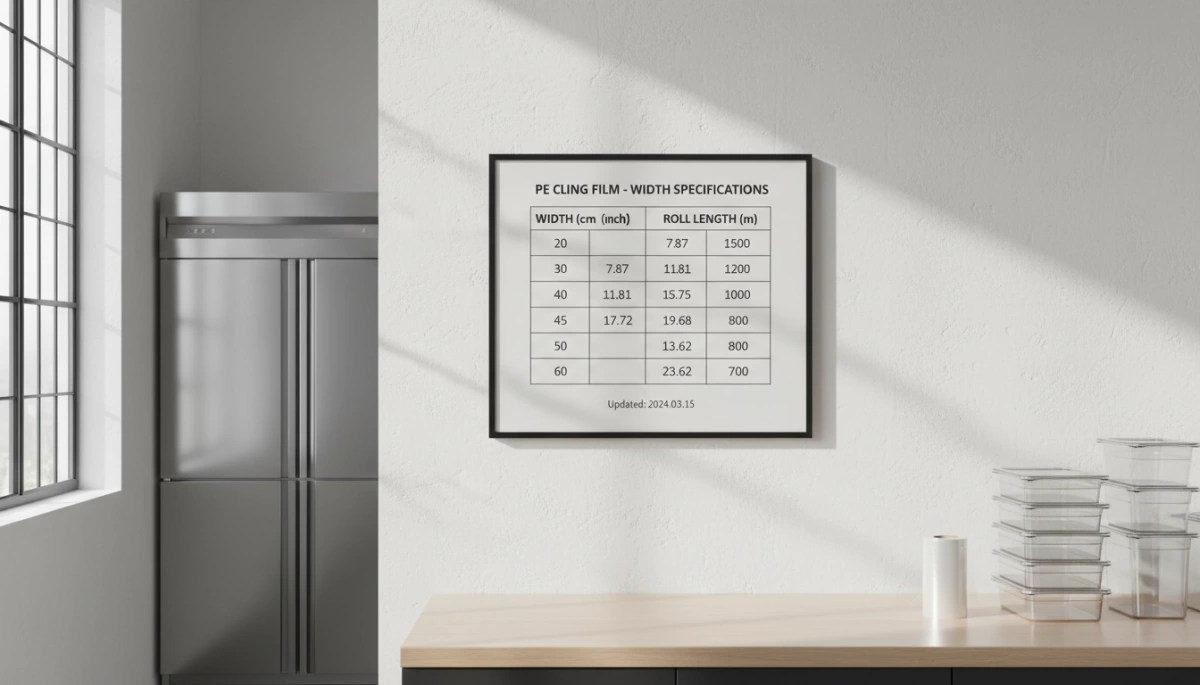 Gráfico de especificaciones de ancho de película retráctil PE y guía de tallas Gráfico de especificaciones de ancho de film de PE