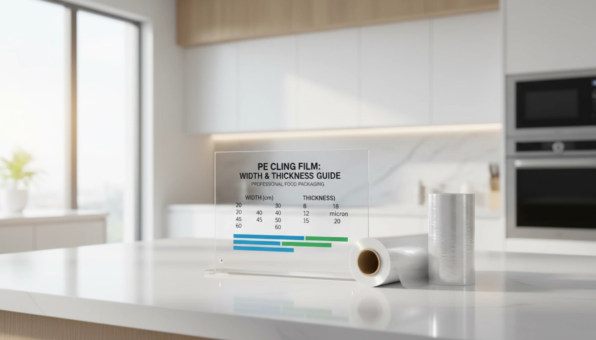 Gráfico de especificaciones de ancho de película retráctil PE y guía de tallas Guía de ancho y espesor de film de PE para envolver