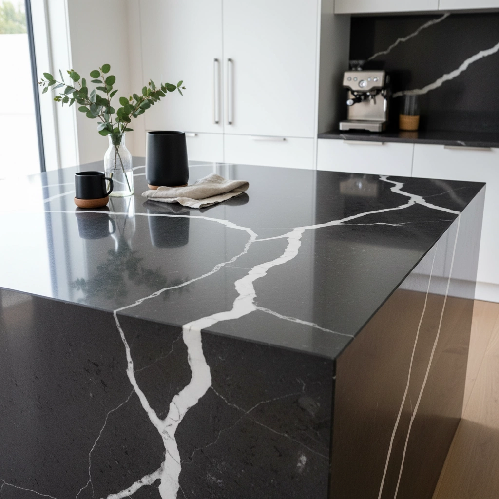 Gwythiennau Tywyll Gwydn Calacatta Nero Quartz