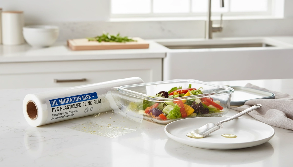 Oil Migration Risk in Cling Film and Safer Food Wrap Choices 1 PVC ਪਲਾਸਟਿਕਾਈਜ਼ਡ ਫੁਲਕਰਟ ਫਿਲਮ ਵਿੱਚ ਤੇਲ ਮੂਵਾਪ ਰਿਸਕ