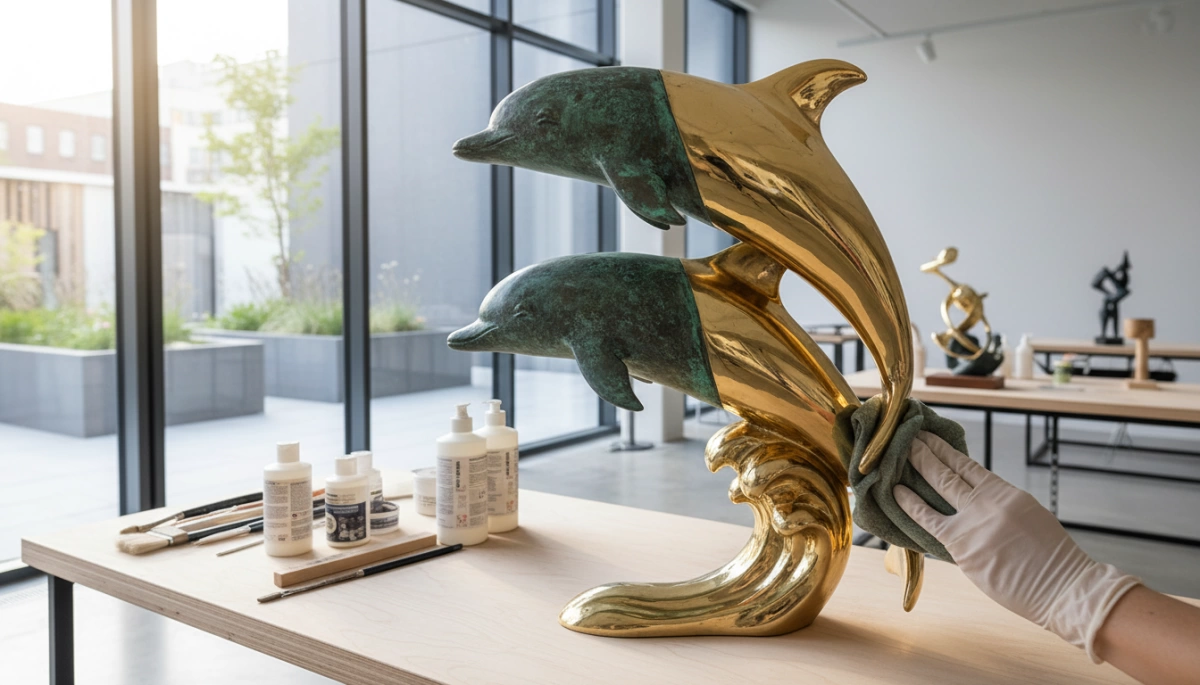 brass dolphin sculpture patinas and polishing