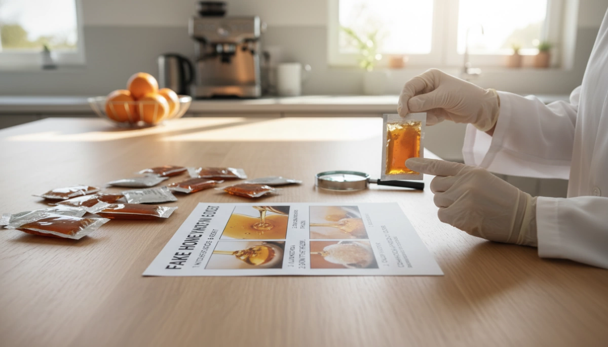 guía de inspección de paquetes de miel falsa