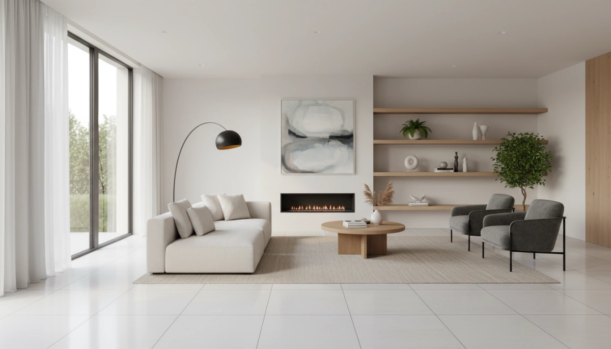 mga ideya sa silid na may puting porcelain floor tile