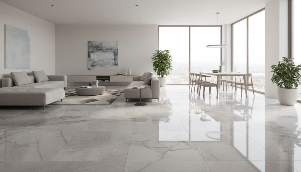 Malaking format na polished porcelain tiles na may hitsura ng marmol at kongkreto