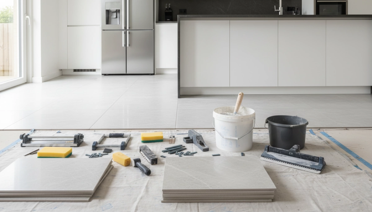 Outils et matériaux pour la pose de carreaux de sol en porcelaine dans la cuisine