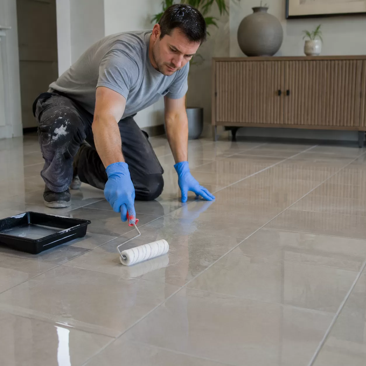 Applying High-Gloss Sealer on Floor Tiles
