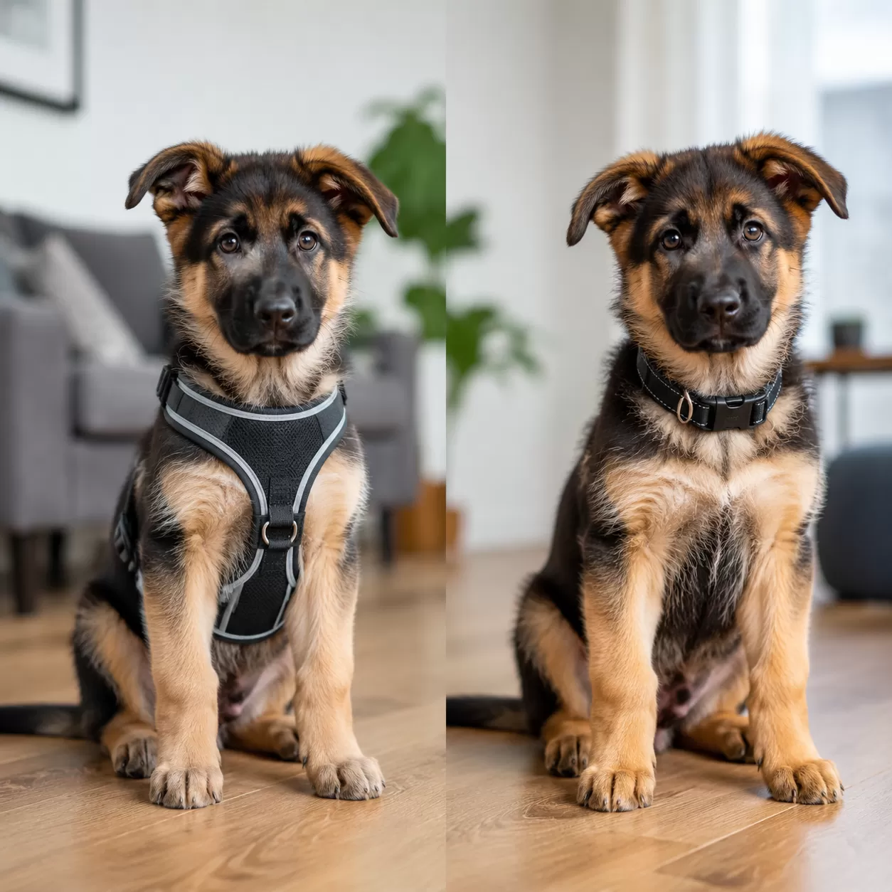 German Shepherd puppy harness and collar comparison