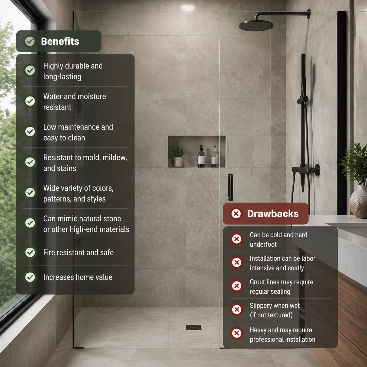 Mga Benepisyo at Disbentaha ng Porcelain Tile Shower