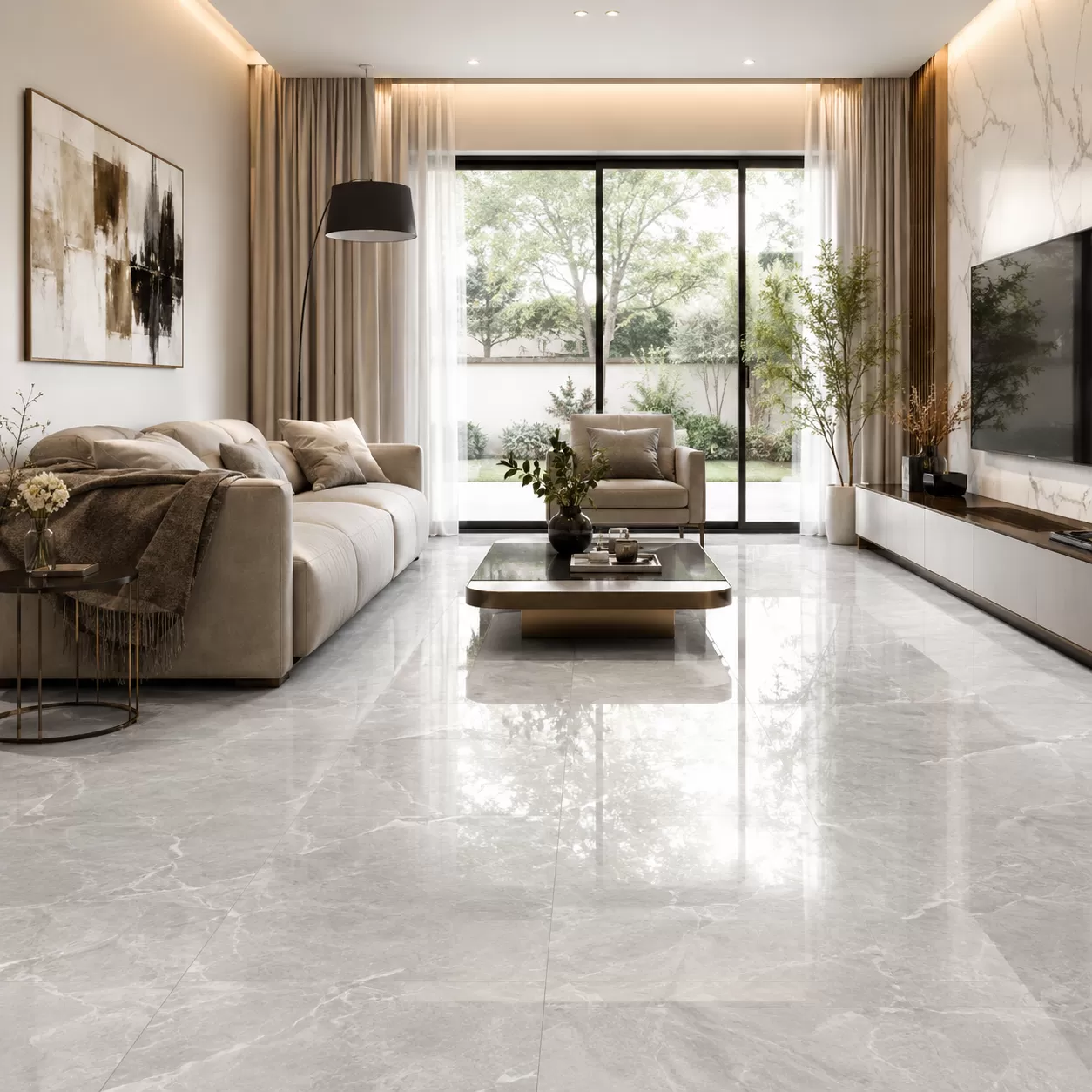 Finitions des carreaux de sol en porcelaine pour le salon
