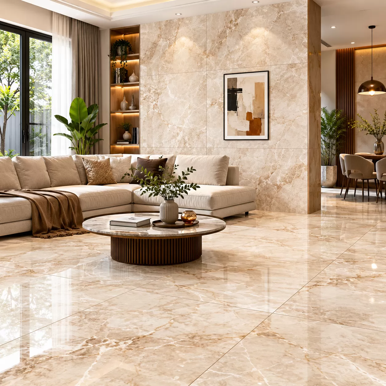Combinação de azulejos de parede e piso para um design coeso