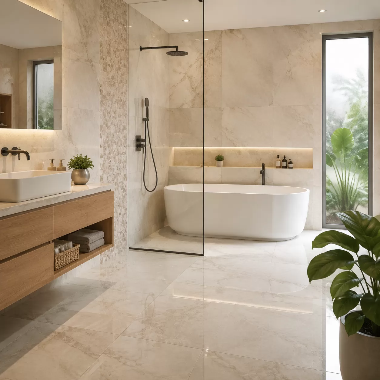 Trending porcelain bathroom tile designs with luxurious finishes
