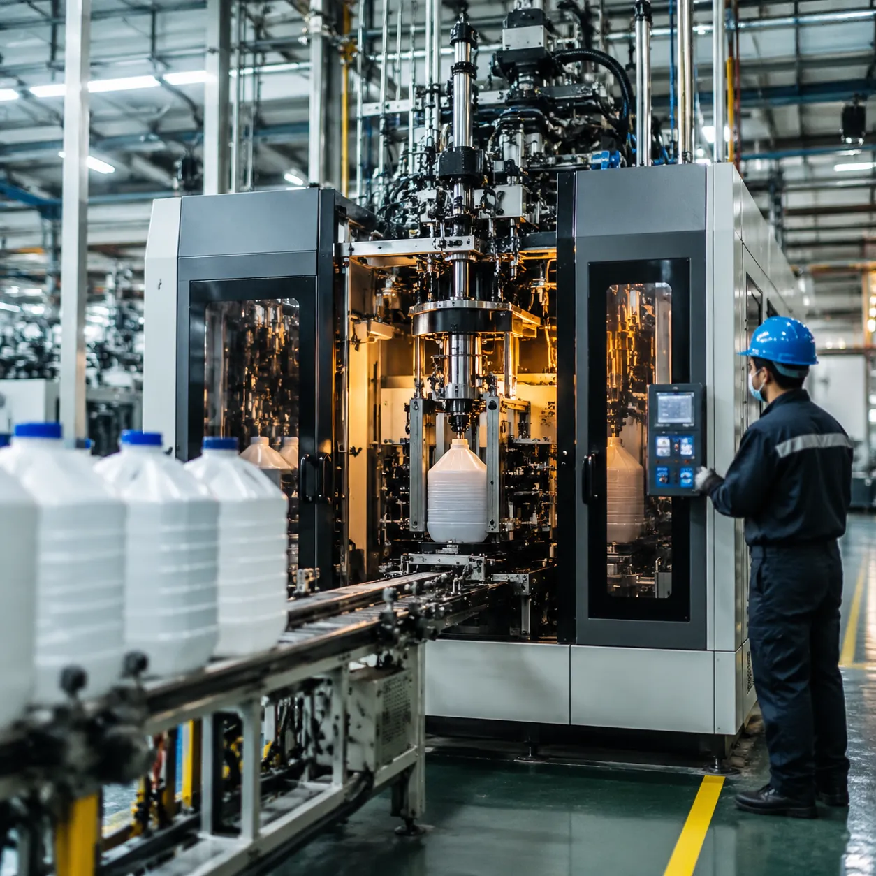 Operator linii do półautomatycznego formowania metodą wtryskową 5L w fabryce