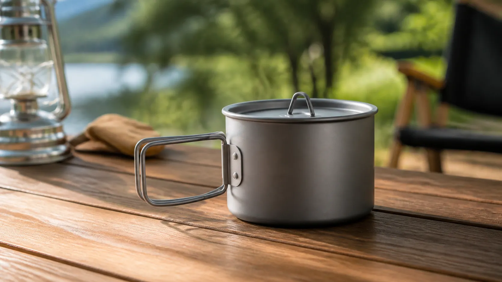 Lightweight titanium folding handle camping pot