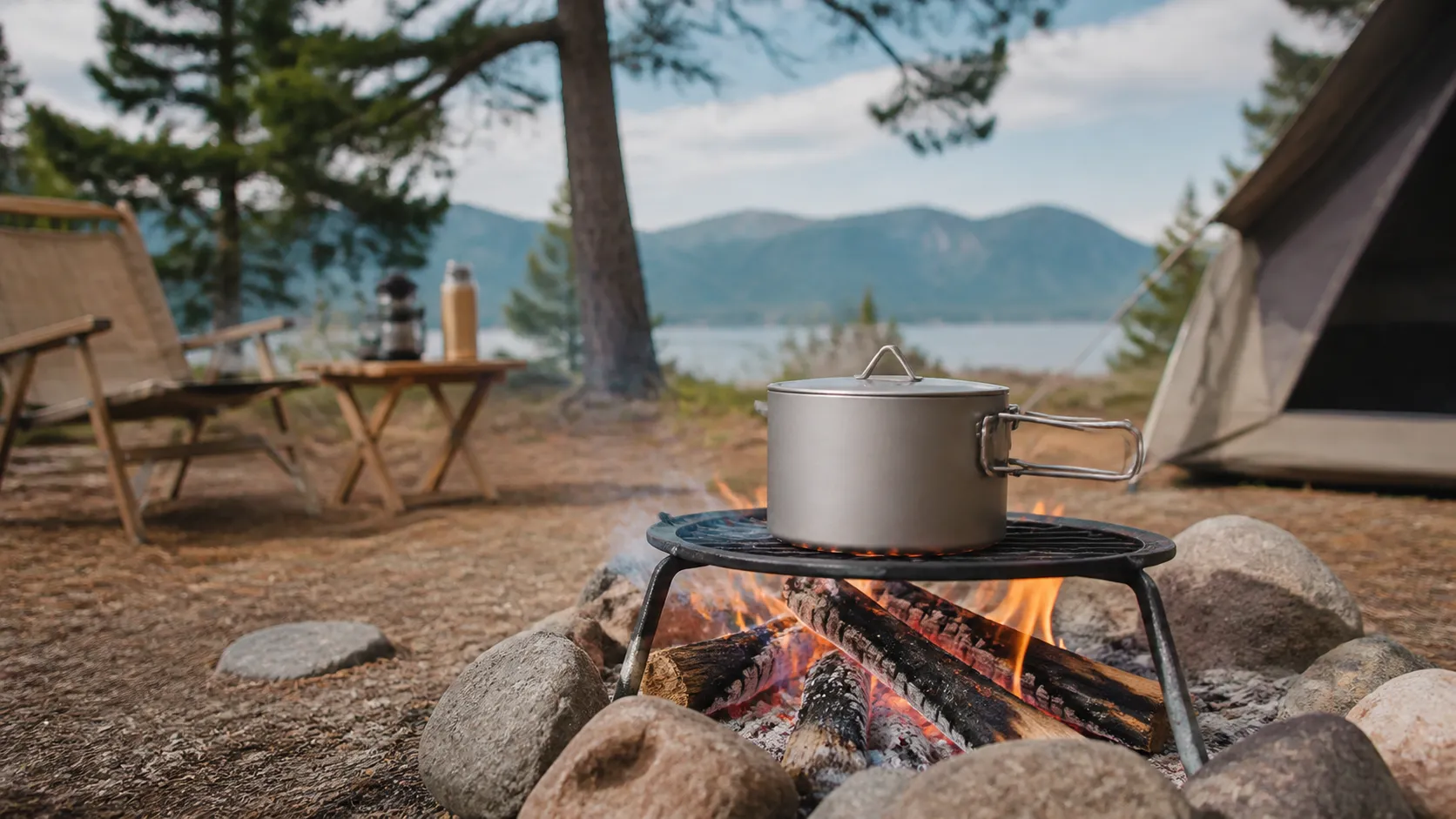 Pure titanium camping stew pot on open campfire