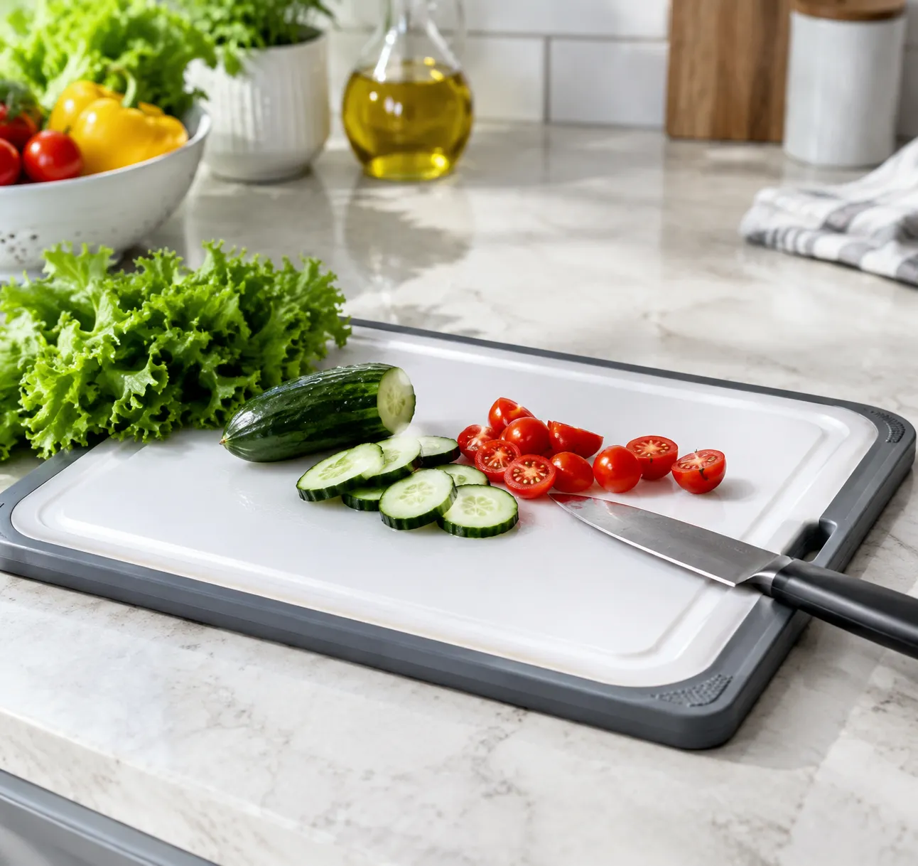 Non-slip plastic cutting board with juice groove